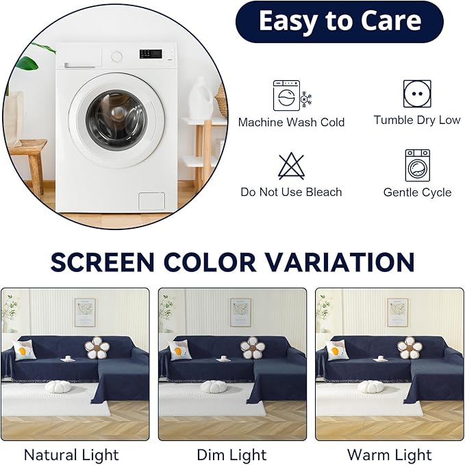 OstepDecor Sectional Couch Covers 2 Pieces, L Shaped Sofa Cover, Chenille Couch Cover for Dogs Washable, Couch Cover Blanket, Sofa Slipcover for 2-3 Cushion Couch (71"x118"+91"x134", Navy Blue)