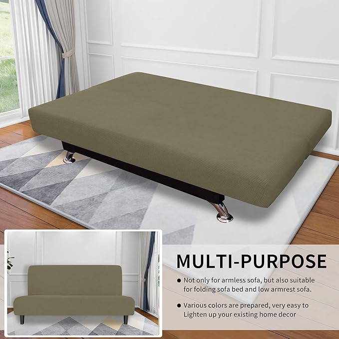 Easy-Going Stretch Futon Slipcover Armless Futon Bed Cover Furniture Protector Without Armrests with Elastic Bottom for Kids, Soft Jacquard Fabric Small Checks (Large, Khaki)