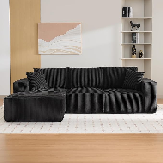 Sectional Cloud Boneless Couch 108" Modern Comfy L-Shape No Assembly Required Convertible Compression Sleeper Modular Sofa with Corduroy Fabric Deep Seat Loveseat + Chaise for Living Room