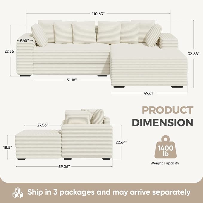 111'' Modular Sectional Cloud Couches with Chaise, L Shaped Extra Large Sleeper Couch Reversible Fluffy Corduroy with 8pcs Pillows for Living Room(Beige Right Facing Chaise)
