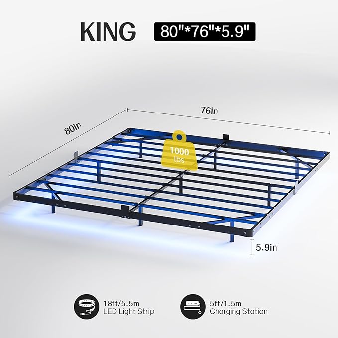 Liians King Size Floating Bed Frame with Smart LED Lights and USB Charging Station, Modern Sturdy Metal Platform, Noise Free, No Box Spring Needed Easy Assembly