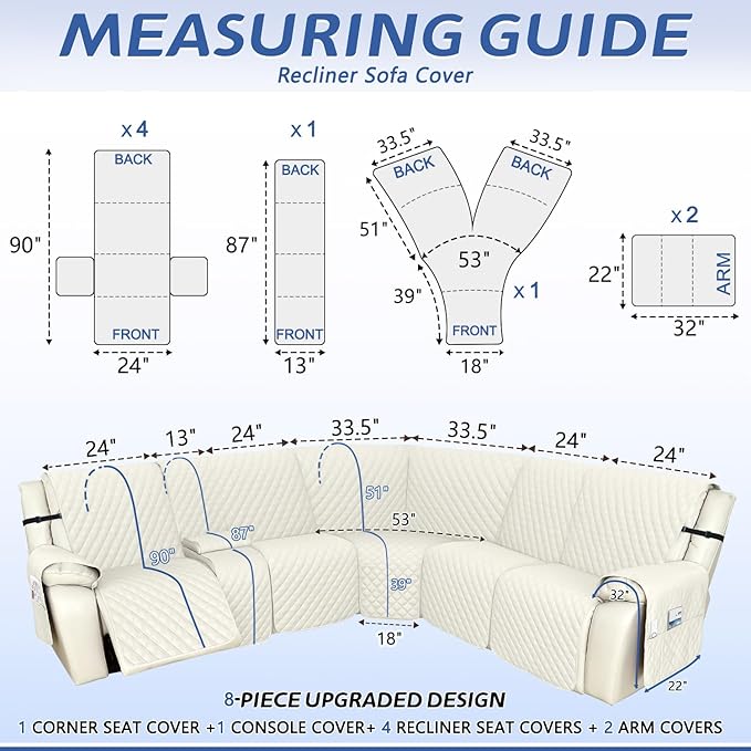 Arfntevss Recliner Sectional Couch Covers 1OO% Waterproof L Shape Sofa Cover for Reclining L Shaped Sectional Slipcover Dog Washable Corner Non Slip Protector (5 Seater with 1 Console, Cream White)