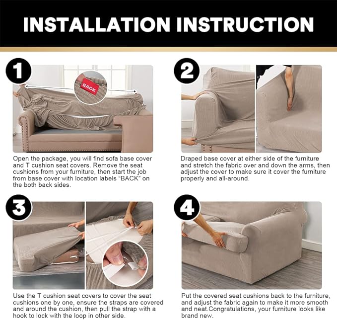 PrinceDeco T Cushion Loveseat Slipcover 3 Pieces Sofa Covers for T Cushion Sofa Stretch Slip Covers for 2 Cushion Couch with 2 Individual T Shape Seat Covers Width Up to 76" - Washable, Sand