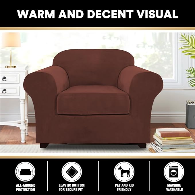 PrinceDeco Velvet Plush Couch Cover Stretch 2 Piece Chair Cover Chair Slipcover Washable Furniture Protector Couch Soft with Elastic Bottom Armchair Cover Width Up to 49 Inch(Small, Burnt Brick)