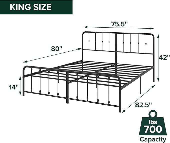 Zinus Leonardo Metal Platform Bed Frame, Victorian Spindle Style Headboard and Footboard, Heavy Duty Bed Base, Ample Underbed Space, King