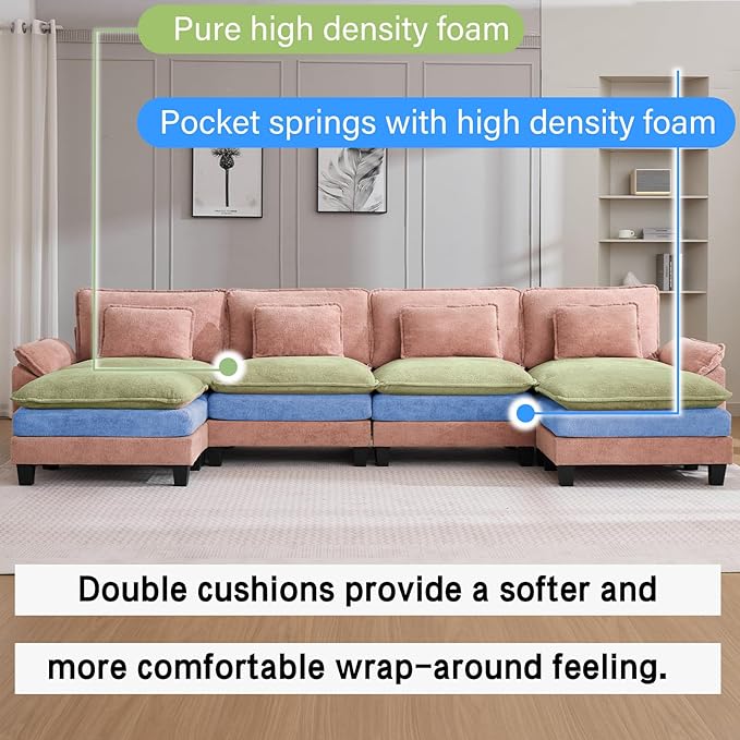 154" Modular Sectional Sofa, Comfy Cloud Couch Sectional Sofa with Ottoman, Chenille Sofa Sleeper Deep Seat Sofa with Throw Pillows for Living Room (Pink, 154"- U Shape)