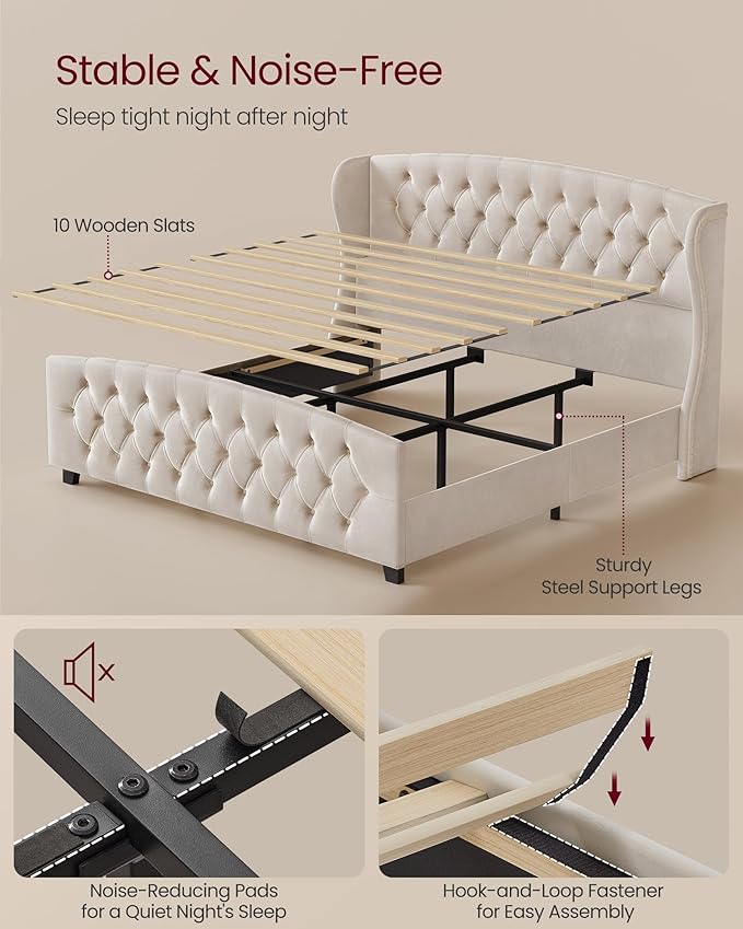VASAGLE King Bed Frame with Tall Headboard, Upholstered Platform Bed Frame King Size, with Wingback Tufted Headboard and Footboard, Wooden Slats, No Box Spring Needed, Cappuccino Beige URMB884W01