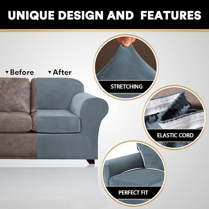 PrinceDeco Velvet Couch Covers for Sofa Soft 4 Pieces Couch Covers for 3 Cushion Couch Sofa Pet Friendly Furniture Protector with Non Slip Elastic Bottom Width Up to 90 Inch(Large, Stone Blue)