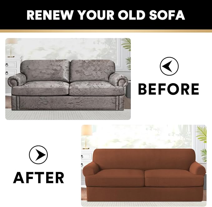PrinceDeco T Cushion Sofa Slipcover 3 Pieces Sofa Covers for T Cushion Couch Soft Couch Covers Sofa Slip Cover Furniture Covers with 2 Individual T Shape Seat Covers (70"-88") Washable,Caramel
