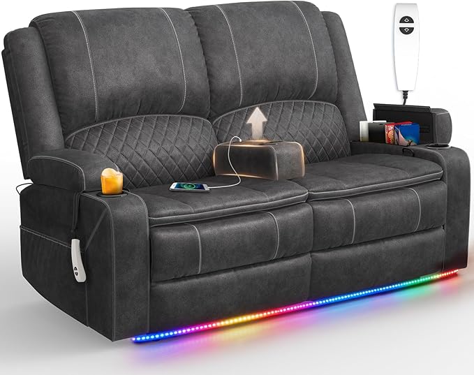 Upgraded Power Loveseat Reclining Couch, Reclining Loveseat Sofa RV Couch with Removable Armrest and Remote Control, Velvet Wall Hugger Home Theater Seating with 2-Tier Cushions, Storage (Velvet,Grey)