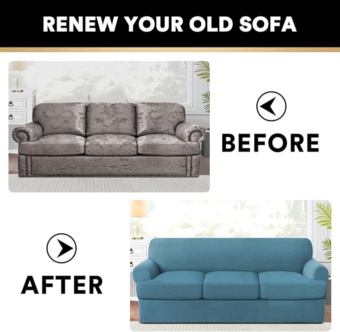 PrinceDeco T Cushion Sofa Slipcover 4 Pieces Sofa Covers for Couch, Soft Couch Cover Slip Covers with 3 Individual T Cushion Shape Seat Covers Width Up to 88 Inch, Washable, Storm Blue