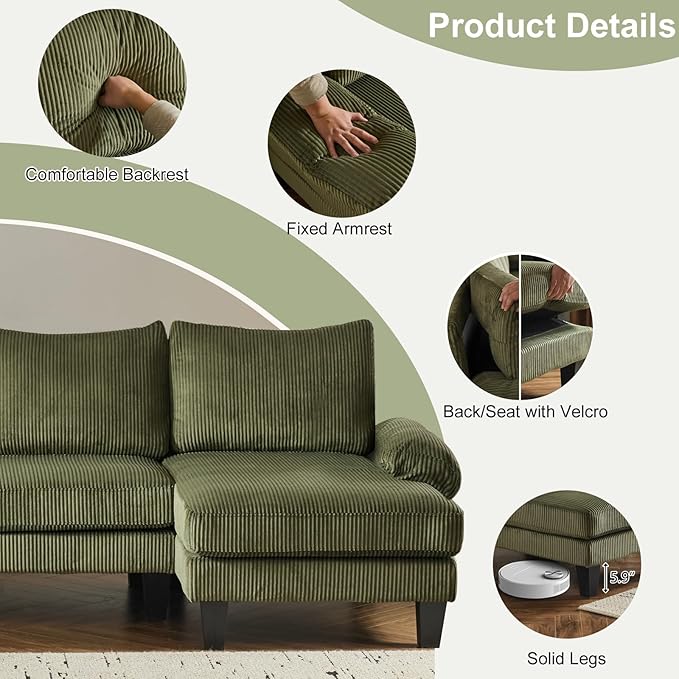 Karl home U-Shape Sectional Sofa Couch 111" Modern 4-Seat Sofa with Chaises Corduroy Fabric Upholstered Covertible Couch with Wood Grain Legs for Living Room, Reception Room, Apartment, Green