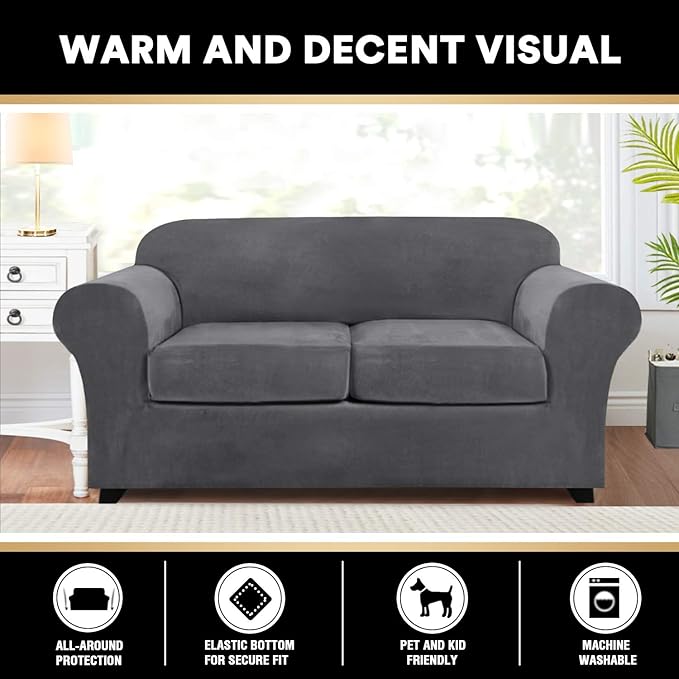 PrinceDeco Velvet Couch Cover Loveseat Covers for 2 Cushion Couch 3 Piece Sofa Covers for Dogs Washable Loveseat Covers Width Up to 72 Inch No Slip Stretch Sofa Slipcover(Medium, Grey)