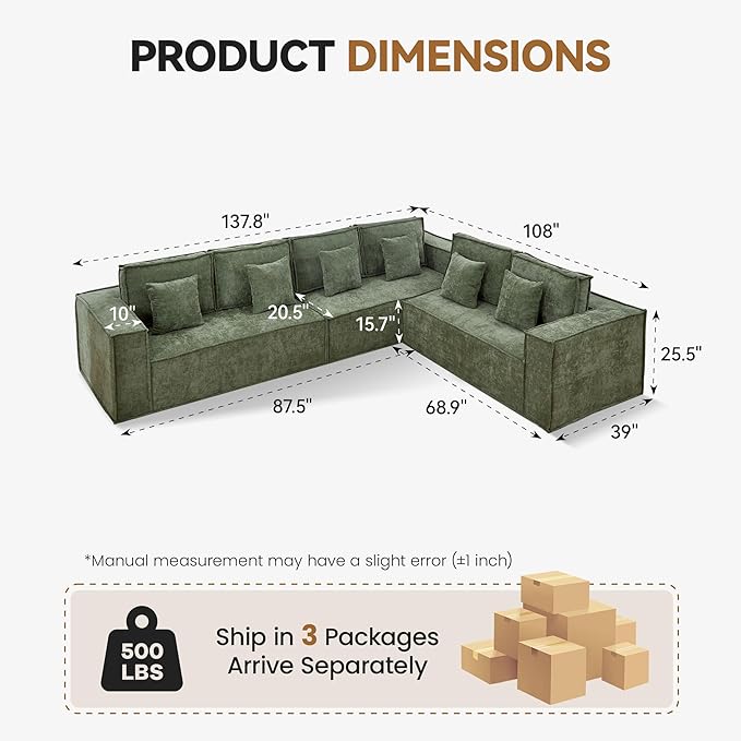 138'' Boneless Chenille L Shaped Couch, Oversized Modular Sectional 6 Seater Sofa, Modern Deep Seat Corner Cloud Compressed Couch, No Assembly Sleeper Sofa with Chaise for Living Room, Green