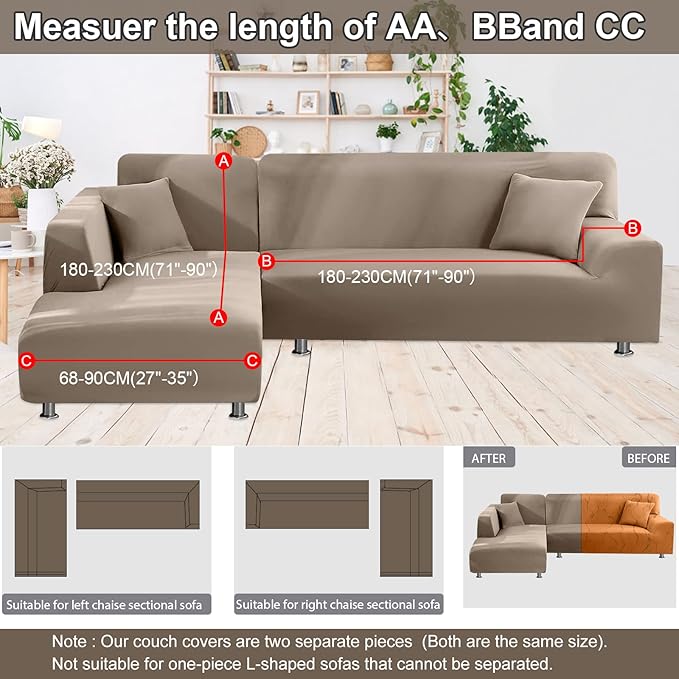 NAISI Couch Cover L Shape 2 Pieces Sofa Cover Soft Stretch Slipcovers with 2pcs Pillowcases Furniture Protector Sectional Couch Covers 3 Seater + 3 Seater(Tan)