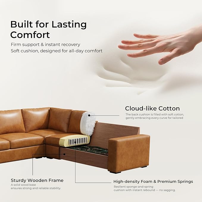 ELUCHANG 113" V-Shaped Modular Sectional Sofa Couch, Modern 5-Seat Premium Faux Leather Deep Seat Sofa with Corner, Removable Cover, Easy Assembly, Large Sofas & Couches for Living Room, Office, Brown | Spring Cushions, Easy to Clean