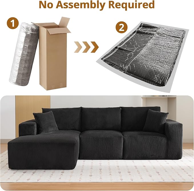 Sectional Cloud Boneless Couch 108" Modern Comfy L-Shape No Assembly Required Convertible Compression Sleeper Modular Sofa with Corduroy Fabric Deep Seat Loveseat + Chaise for Living Room