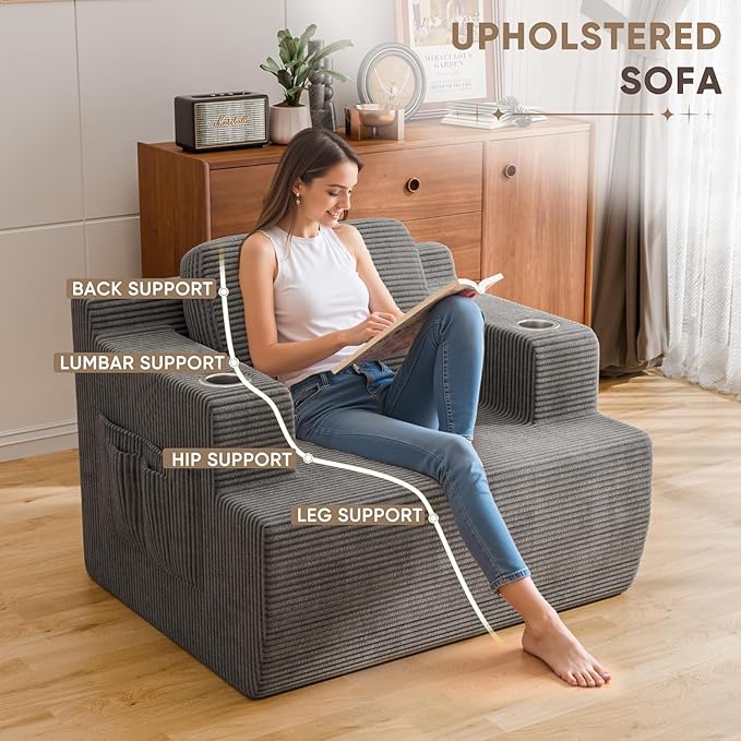 Homall 42” Single Sofa Foam Couch for Small Spaces Upholstered Floor Sofa with Cup Holder & Storage Pocket Boneless Couch for Bedroom Living Room (Grey, Single)