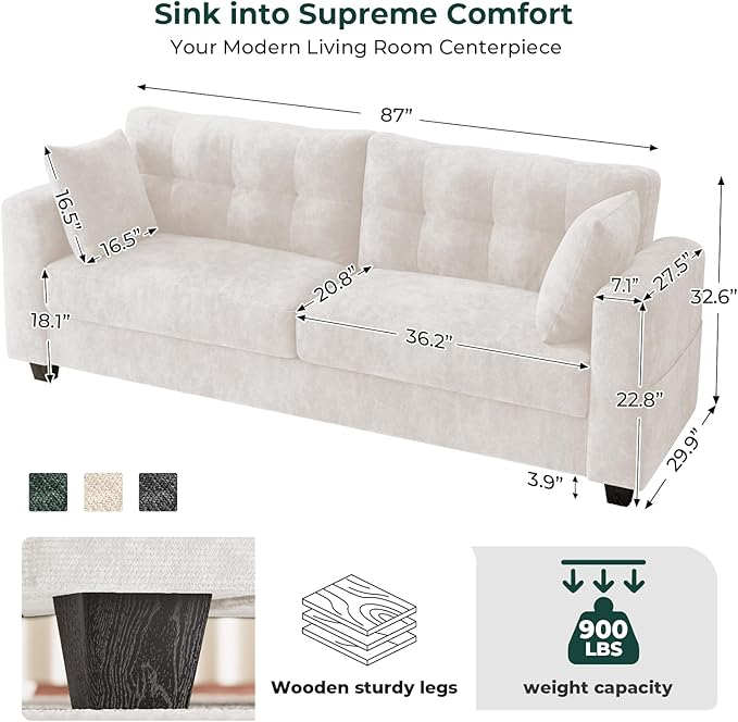 87" Loveseat Sofa for Living Room, Modern Chenille Cloud Couch with USB/Type-C Charging Ports, Side Pockets, Removable Cover, Wide Armrests, Small Couch for Small Space, Easy Assembly, Beige