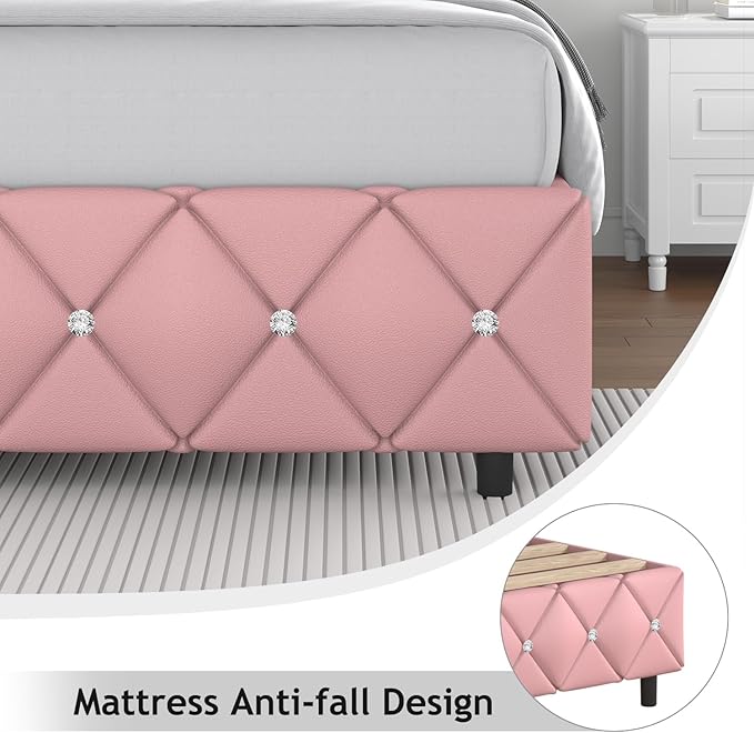 Queen Bed Frame, Faux Leather Platform Bed with Upholstered Diamond Headboard, Mattress Foundation with Strong Wooden Slats Support, No Box Spring Required, Easy Assembly, Pink