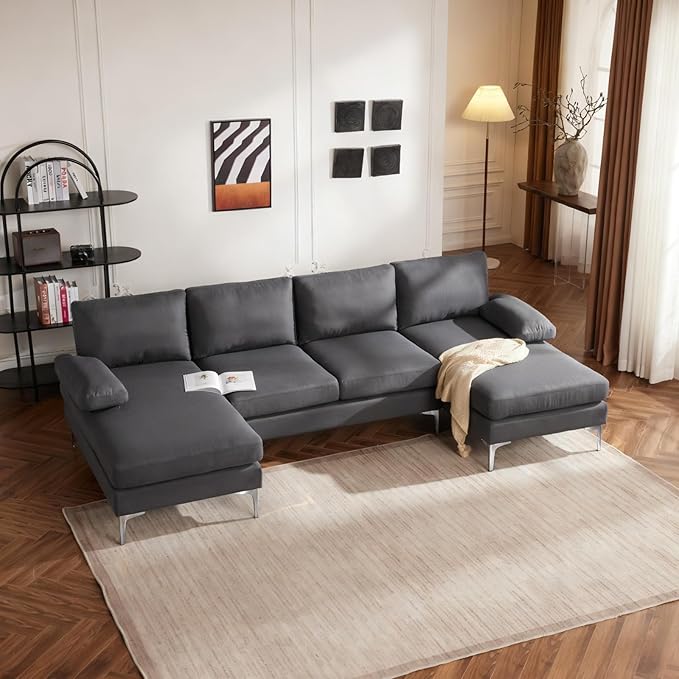 Karl home 110" Sectional Sofa U-Shaped 4-Seat Couch with Chaises Linen Fabric Upholstered for Living Room, Apartment, Office, Dark Gray