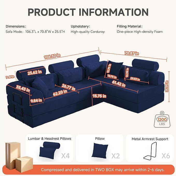 106” L Shaped Boneless Sectional Couch, Two 70.87” Pieces Convert to 141.7” Extra Long Straight Sofa, Corduroy Couch in a Box with Headrest and Back Pillows for Apartment Living Room, Dark Blue