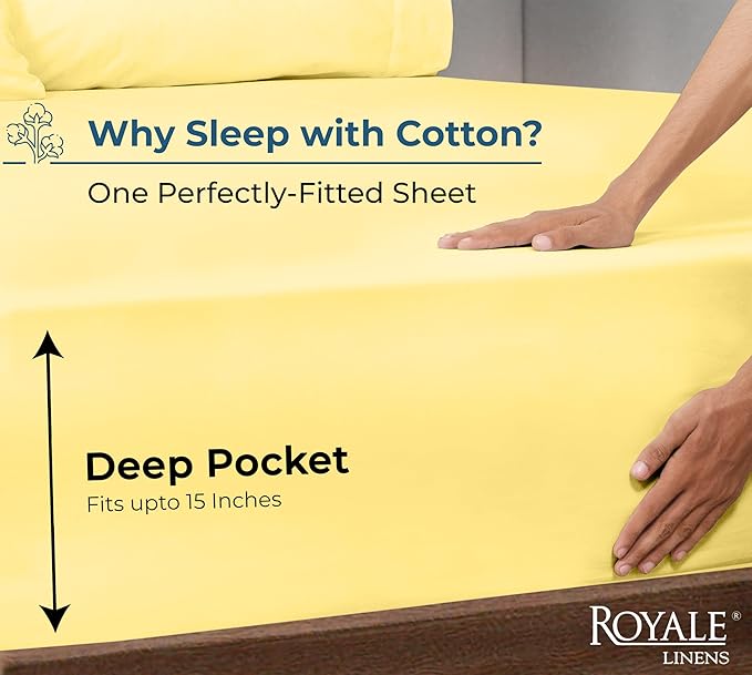 Royale Linens 100% Organic Cotton Fitted Sheet - Percale Weave - Super Soft Deep Pocket Bottom Sheets - Elastic Sheet Twin XL Size - Twin XL Fitted Sheets Only - (39"x80"+15", Yellow)