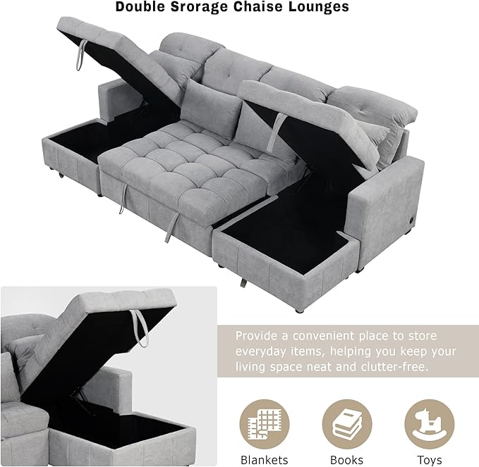 Harper & Bright Designs 110.2" Oversized U-Shaped Sofa Versatile Sectional Sofa Pull-Out Sofa Bed with Double Storage Chaise Lounges and Two USB Ports for Living Room,Gray