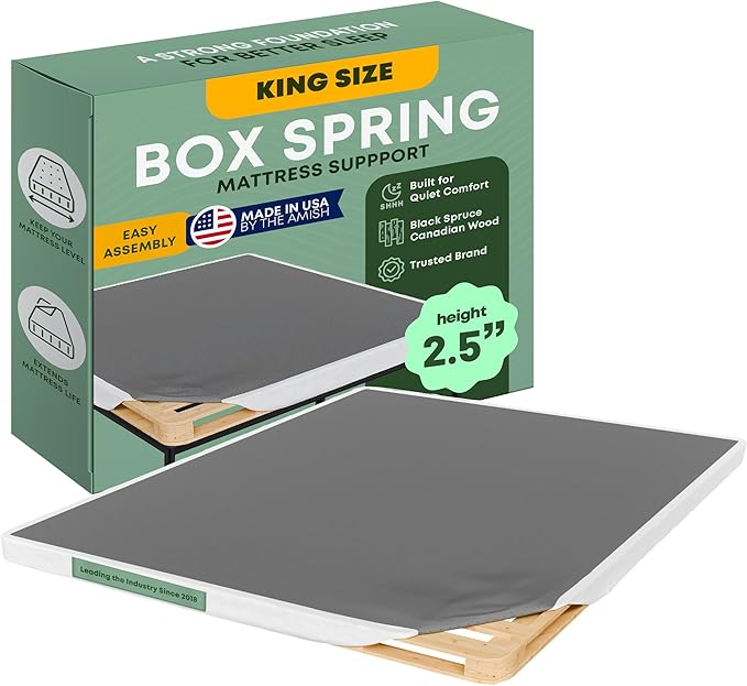 Greaton, 2.5” King Box Spring for King Bed – Amish-Made in The USA – Solid Wood Box Spring Mattress Foundation with Stable & Quiet Support – Flat-Packed & Easy Assembly – White