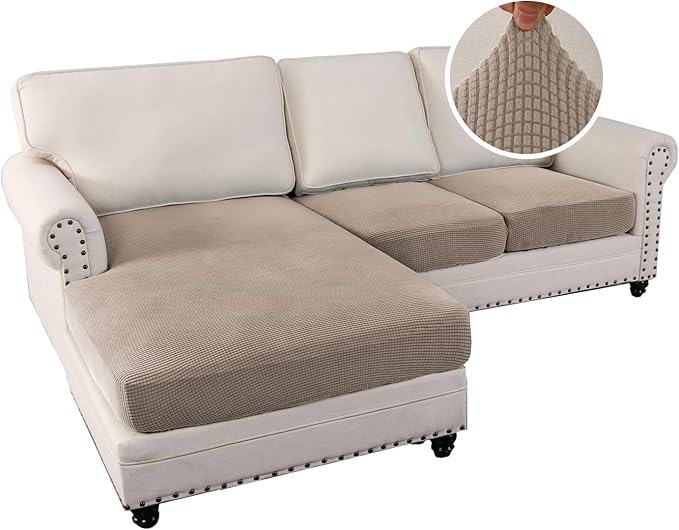 H.VERSAILTEX Sectional Couch Covers 3 Pieces Sofa Seat Cushion Covers L Shape Separate Cushion Couch Chaise Cover for Both Left/Right Sectional Couch (Seat Only: 1 Chaise + 2 Sofa, Sand)
