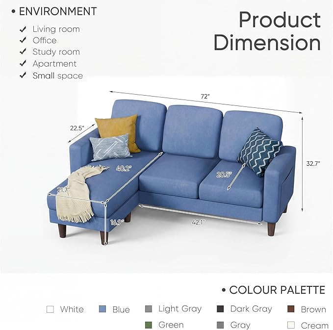 YESHOMY L-Shaped Sofa Couch, Small Couch with Reversible Chaise and Ottoman, Convertible Sectional Comfy 3 Seat Sofas with Side Pockets for Apartment and Living Room (Blue)