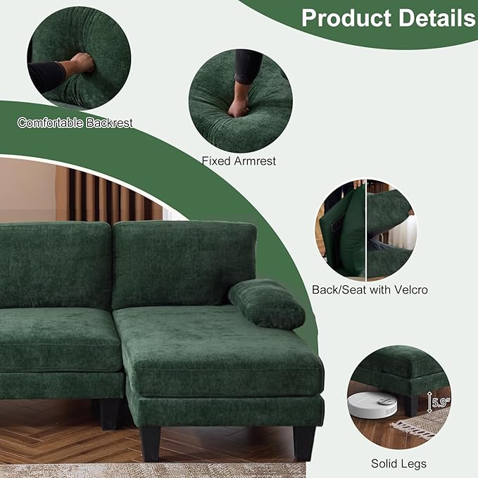 Karl home 111" Sectional Sofa U-Shaped 4-Seat Couch with Chaises Wood Grian Legs Chenille Fabric Upholstered for Living Room, Apartment, Office, Green