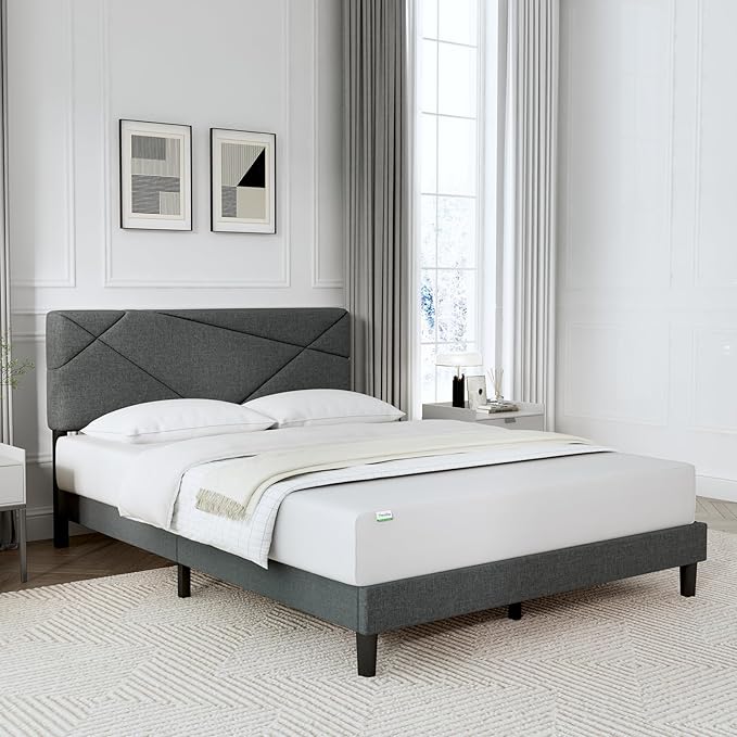 Novilla Queen Bed Frame with Headboard, Linen Upholstered Bed Frame Queen Size, No Box Spring Needed, Heavy Duty Feet, Easy Assembly, Dark Grey