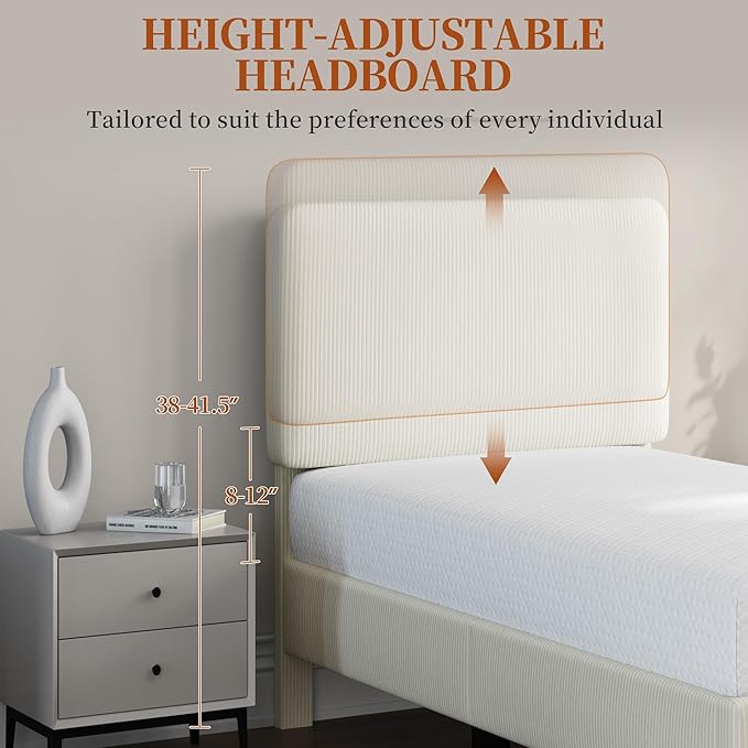 Yaheetech Twin Bed Frames with Adjustable Headboard, Chenille Fabric Upholstered Headboard/Platform Bed, Twin Size Bed Frame No Box Spring Needed/Mattress Foundation/Wood Slats Support/Easy Assembly