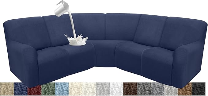 Waterproof Reclining Sectional Couch Covers Washable L Shaped Couch Cover for Sectionals Recliner Sofa Covers Stretch Corner Recliner Slipcovers for Dogs (5 Seater Cover, Navy Blue)