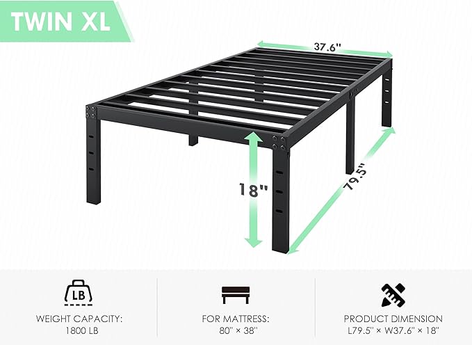 Twin XL Bed Frames - 18 in Sturdy Platform Bed Frame Twin XL, Heavy Duty Metal Bed Frame No Box Spring Needed, Quick & Easy Assembly, No Noise, Black