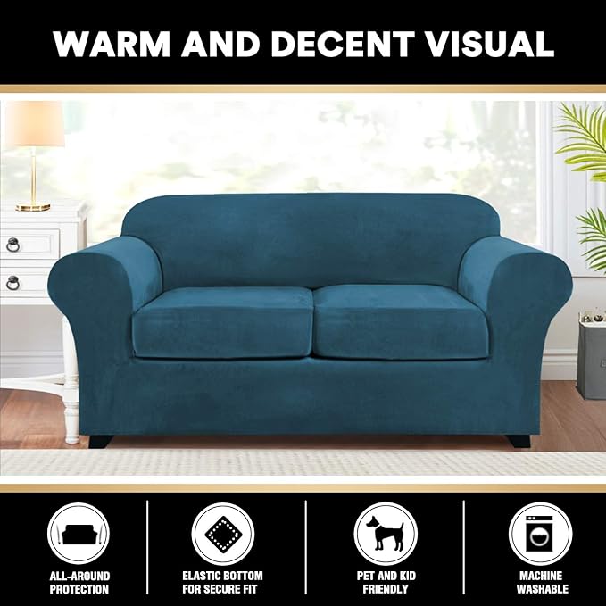 PrinceDeco Velvet Couch Cover Loveseat Covers for 2 Cushion Couch 3 Piece Sofa Covers for Dogs Washable Loveseat Covers Width Up to 72 Inch No Slip Stretch Sofa Slipcover(Medium,Deep Teal)