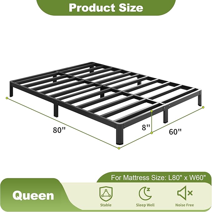 Yicensen 8 Inch Queen Bed Frame Rounded Corner No Box Spring Needed, Heavy Duty Metal Queen Size Platform Bed Frame, Easy Assembly, Noise Free, Black