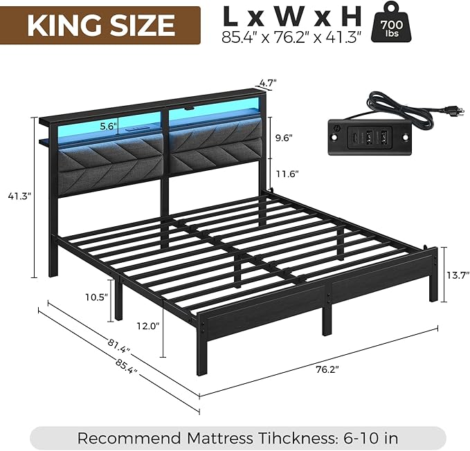 Seventable King Size Bed Frame with Charging Station & LED Lights, Upholstered Headboard with Storage Shelves, Metal Platform with Under Bed Storage, No Box Spring Needed, Easy Assembly, Dark Grey