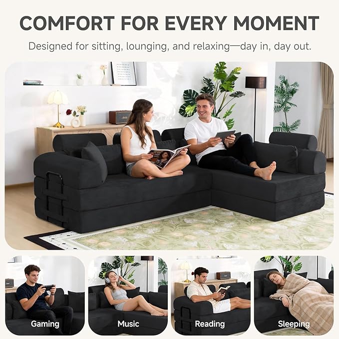 Boneless Sectional for Small Spaces, 106” L Shaped Couch from Two 70.87” Modules, Reconfigures to 141.7” Straight Sofa, Corduroy Compressed Couch in a Box with Headrest Back Pillows, Black