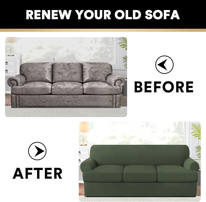 PrinceDeco T Cushion Sofa Slipcover 4 Pieces Sofa Covers for T Cushion Couch Soft Sofa Slip Covers Furniture Protector with 3 Individual T Shape Seat Covers(70"-88"), Bronze Green