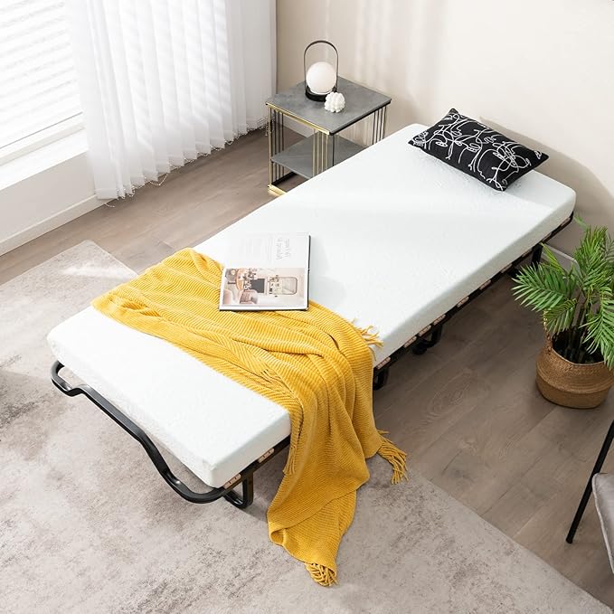 Giantex Folding Bed with Mattress for Adults, Cot Size Rollaway Bed for Guest, Portable Foldable Bed w/Memory Foam Mattress & Metal Frame for Easy Storage, 75"x 31"
