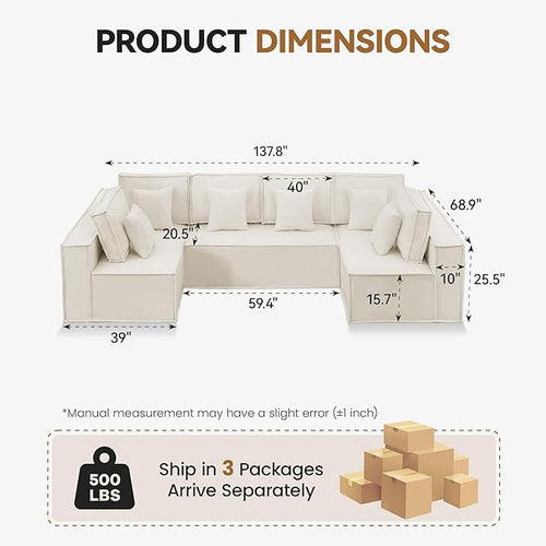 138'' Boneless Chenille Cloud Sectional Sofa, Oversized 6-Seater U-Shaped Modular Couch with Chaise, Extra Deep Seat Sleeper Sofa, No Assembly Compressed Sofa, Beige