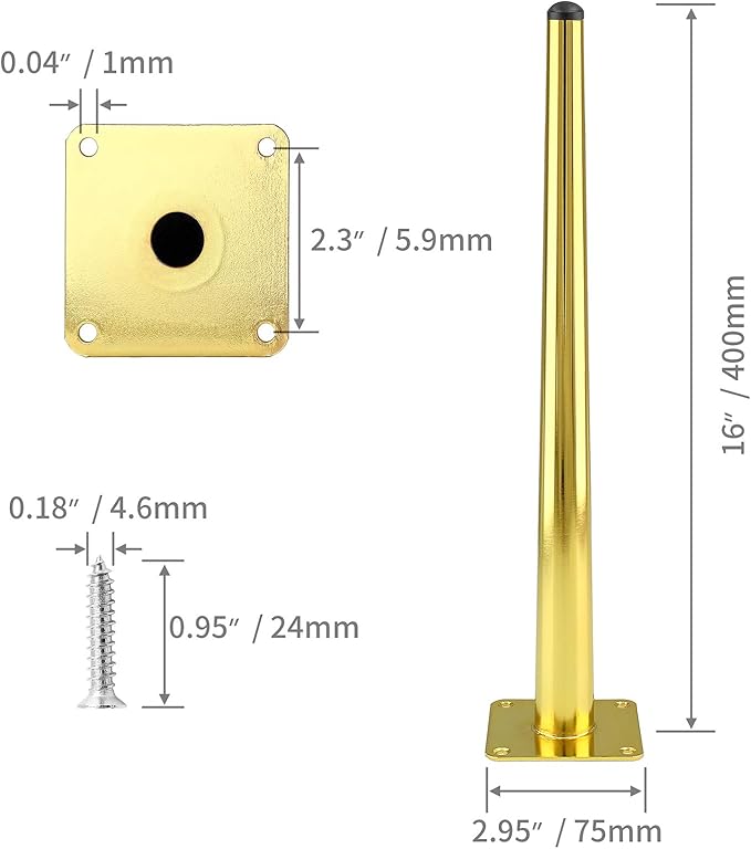 4pcs 16 Inch Furniture Legs, Straight Conical Metal Legs Luxury Gold Mid-Century Style Furniture Feet for Sofa Cabinet Table Chair Cupboard Couch Ottoman Home DIY Projects