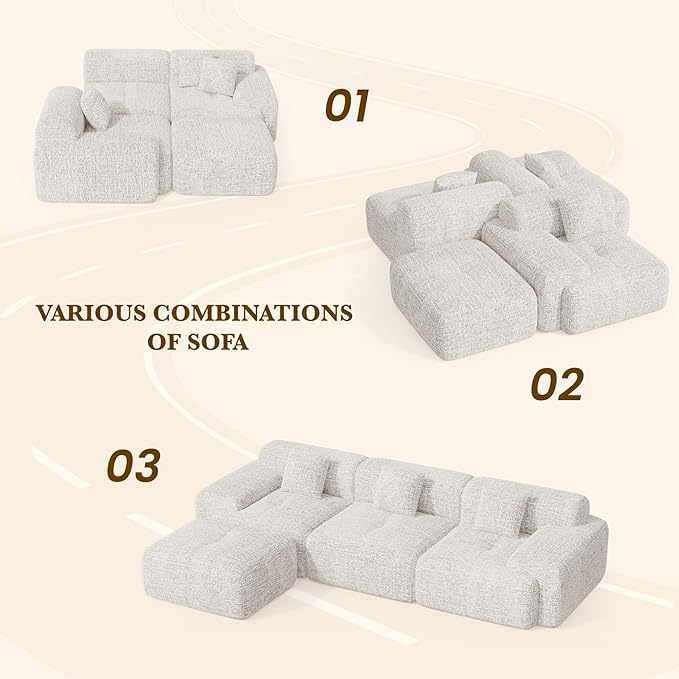 122" L Shaped Convertible Modular Couch, Cloud Couch Sectional with Ottoman, 4-Seater Chenille Boneless Couches for Living Room, Apartment, No Assembly, Beige 1PCS | With Ottoman, 4-Seater, Chenille Boneless, No Assembly, 1PCS