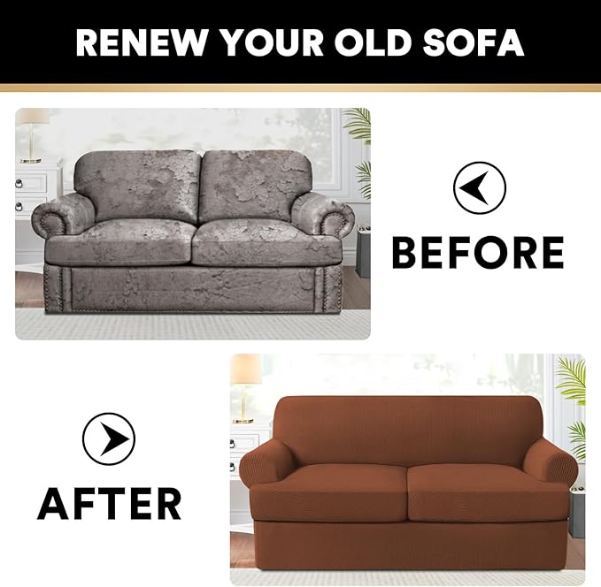 PrinceDeco T Cushion Loveseat Slipcover 3 Pieces Sofa Covers for T Cushion Sofa Stretch Slip Covers for 2 Cushion Couch with 2 Individual T Shape Seat Covers Width Up to 76"- Washable, Caramel