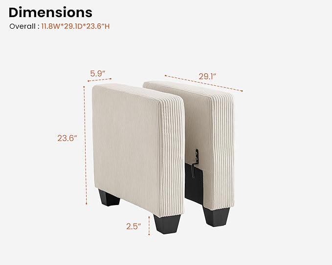 CHIC HOUSE Middle Module for Modular Couch, Corduroy Customizable Chaise, Storage Ottoman for Sectional Sofa, Armrest, Single/Double Seater