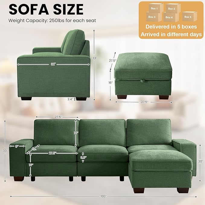 TEKAMON 100" Modular Sectional Sofa with Seats Storage, L Shape Couch with Movable Ottoman for Living Room, Couch with Chaise, Solid Wood Frame, Spring Cushions, USB Port, Washable Covers, Green