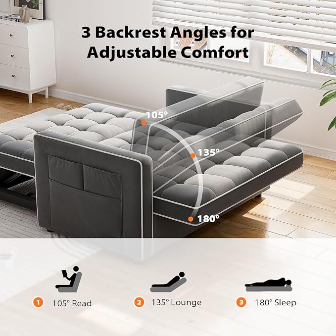Pipishell 3 in 1 Convertible Sleeper Sofa Bed,Pull Out Couch for Living Room with USB Ports & Side Pockets,Adjustable Backrest,Velvet,Loveseat Sofa Bed,Futon Couches,Black