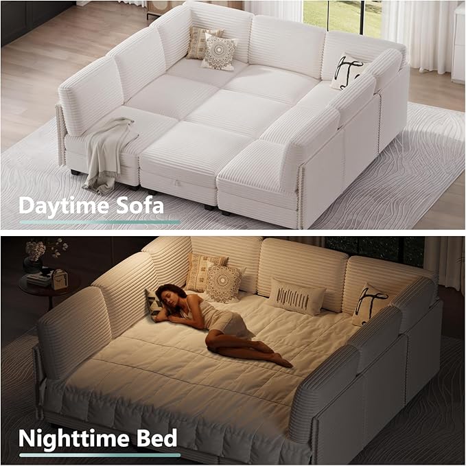 Modular Sectional Sofa with Adjustable Backrest, Large Convertible L/U-Shaped Sleeper Couch for Living Room, Cloud Sofa Bed Modern Reversible Design, Beige